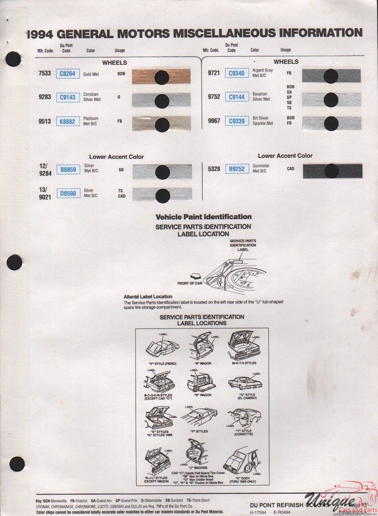 1994 General Motors Paint Charts DuPont 11